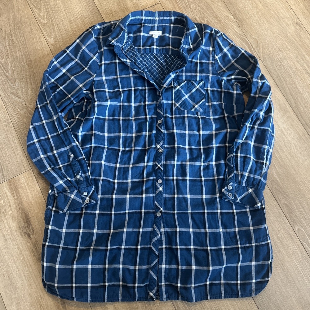 J Jill Woman's S Blue Plaid Button Shirt L/S Tunic Dress Pockets Large Tall